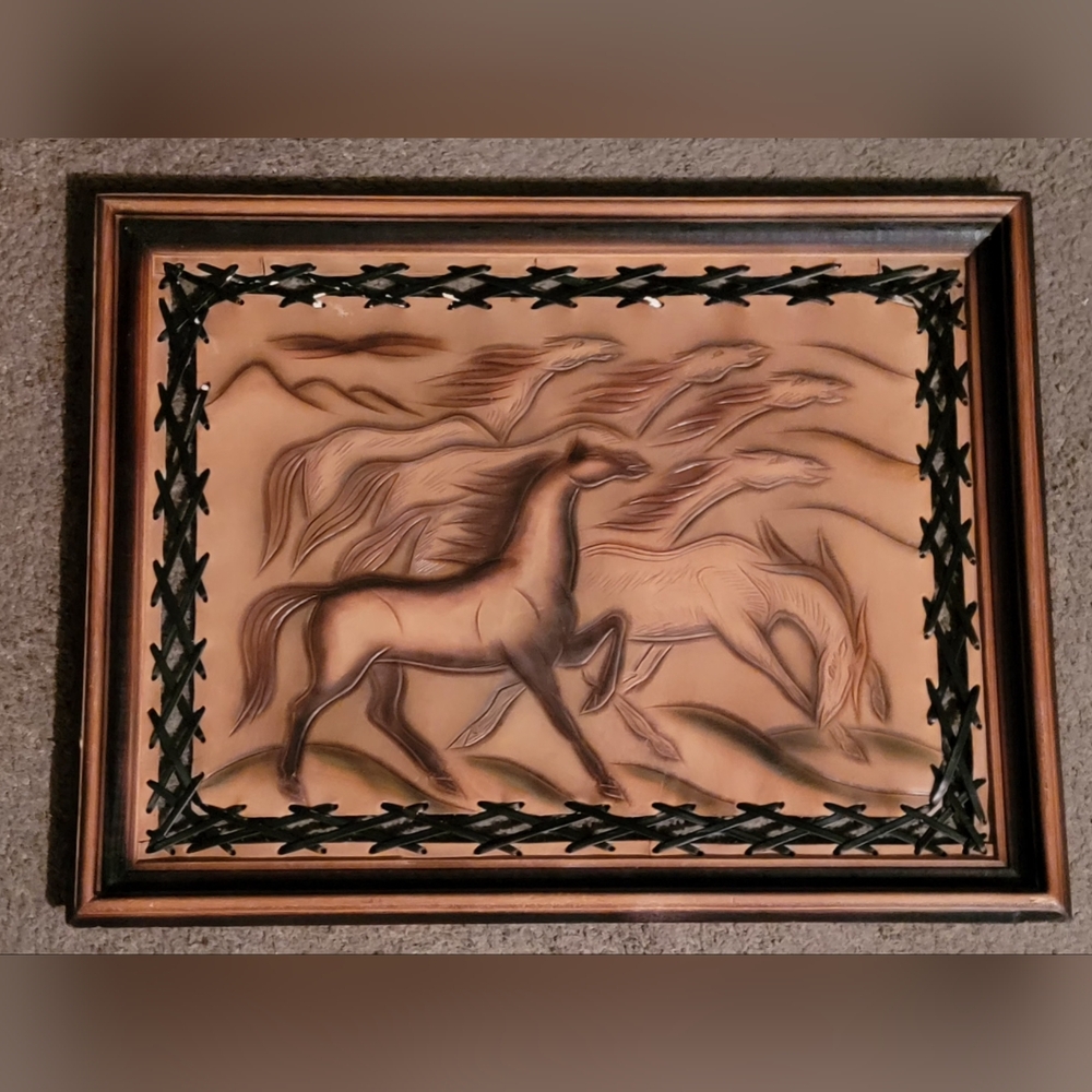 Vintage Leather Horse Wall Art 16x21" Framed